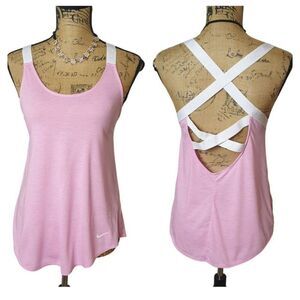 Nike Women's Pink Tank Top Sz M White Logo Straps Dri-Fit Athletic Workout Top